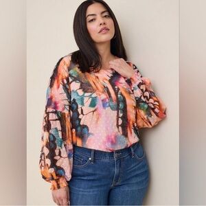 Torrid Colorful Abstract Butterfly Swiss Dot Boho Puff Sleeve Top 3X